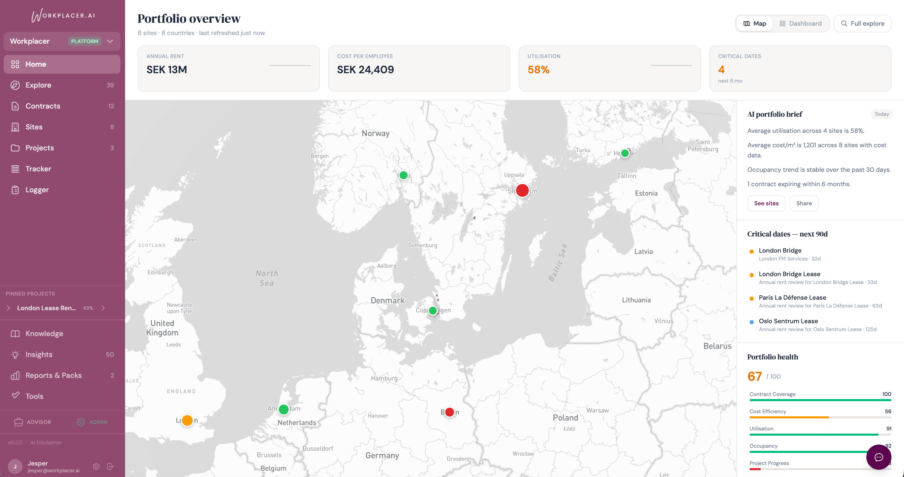 Workplacer.AI — Portfolio overview with interactive map, KPIs, AI insights, and critical dates